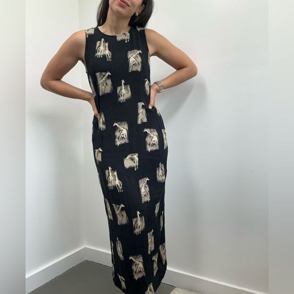 Vintage 90's Black Crinkle Safari Giraffe Theme Sleeveless Maxi/Midi Dress 8 - Picture 5 of 10